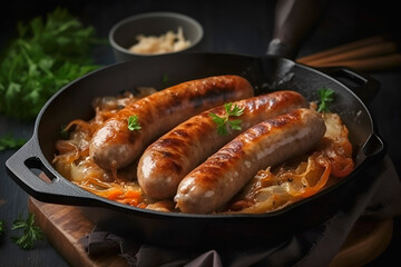Small fried Bavarian German sausages with sauerkraut, in a cast iron pan on the table. Generated AI.