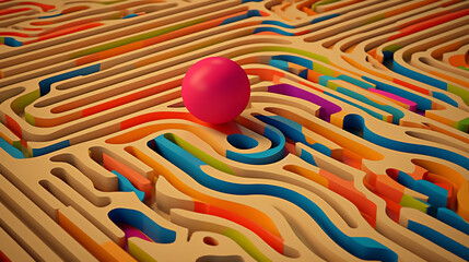 Generative AI abstract illustration from above of wooden maze with colorful narrow paths with pink ball