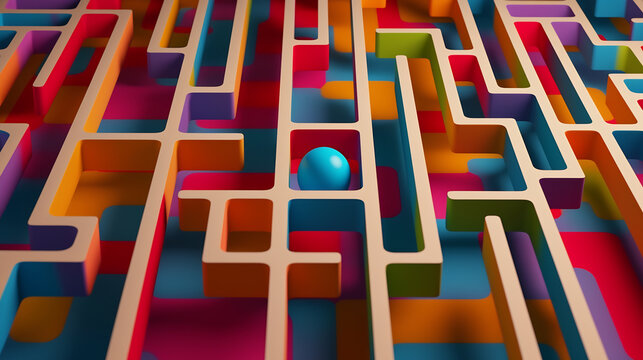 Generative AI abstract illustration of wooden labyrinth with colorful walls and floors and narrow paths with hidden in center blue ball