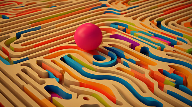 Generative AI abstract illustration from above of wooden maze with colorful narrow paths with pink ball