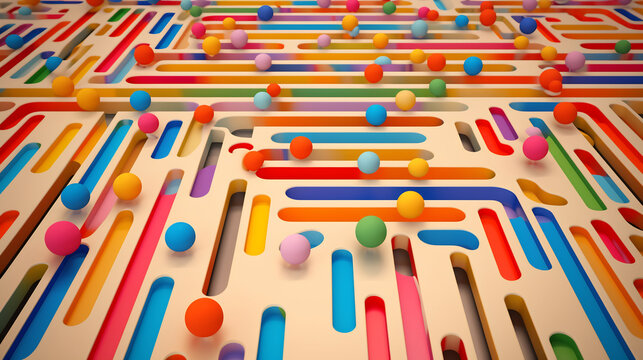 Generative AI abstract illustration from above of wooden game with colorful paths and balls