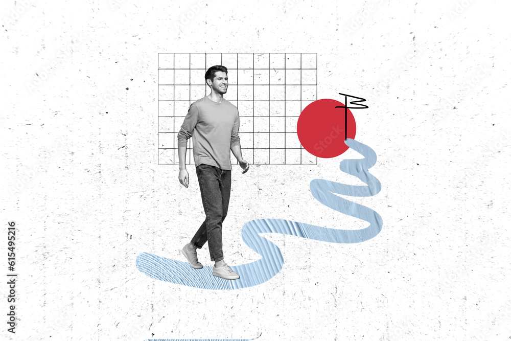 Poster composite collage image of black white gamma guy walking path target goal painted flag isolated on c