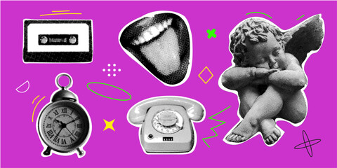 Collage design elements in trendy dotted pop art style. Retro halftone effect. Angel, phone, watch, mouth, audio cassette. Vector illustration with vintage grunge punk cutout shapes.