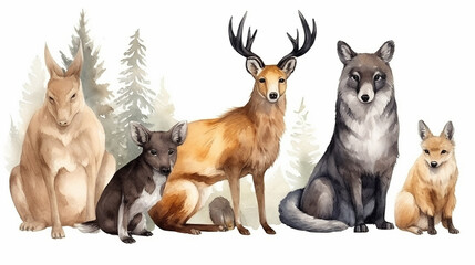Fototapeta premium Safari Animal set Veado, raposa, esquilo em estilo aquarela. ilustração vetorial isolada