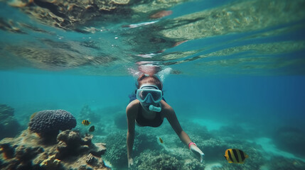 mulher mergulhando em oceano cristalino 