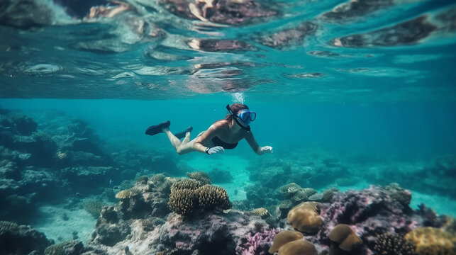 mulher mergulhando em oceano cristalino 