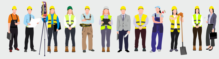 set of male and female builders and construction workers in helmets. Vector flat illustration of diverse people working in building industry, men and women architect, painter, engineers and repairman