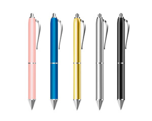 Colorful ballpoint pens 5 colors. Set of realistic pens vector, colorful pen. Corporate pen design. Pink, blue pen, gold, grey, black. Vector illustration