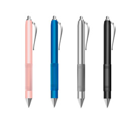 Colorful pens vector with grip. Corporate stationery design. Pink pen, blue pen, grey pen, black pen