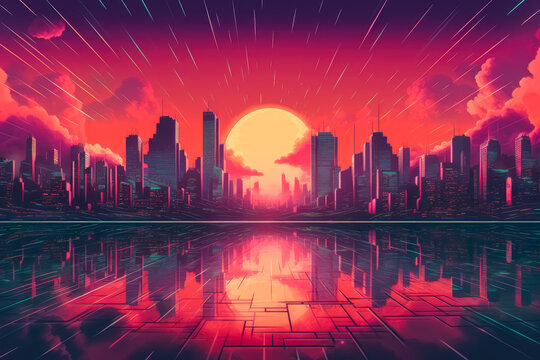 Synth wave retro New York city landscape.