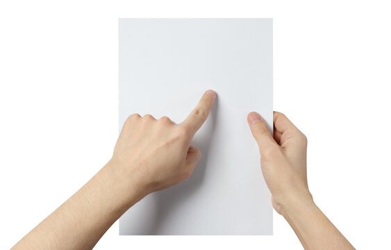 Hands holding and examining a sheet of paper, cut out