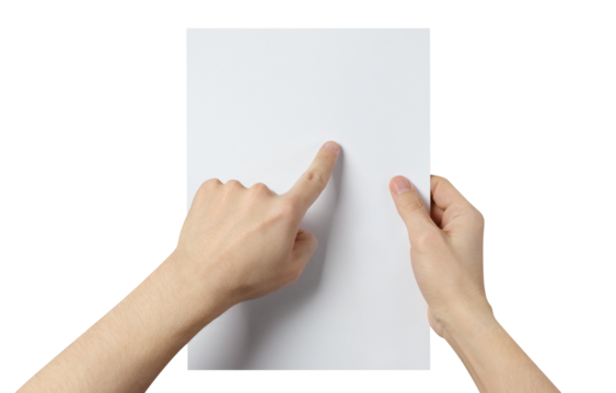 Hands holding and examining a sheet of paper, cut out