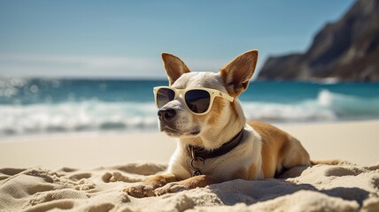 Dog wearing sunglasses sunbathing on the beach during a summer holiday. Generative AI.