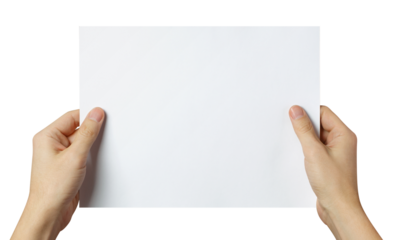 Hands holding a sheet of white A4 paper, cut out