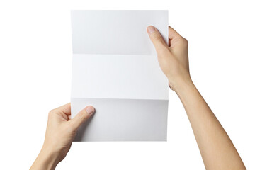 Obraz premium Hands holding a folded sheet of white A4 paper, cut out
