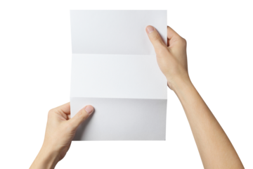 Hands holding a folded sheet of white A4 paper, cut out