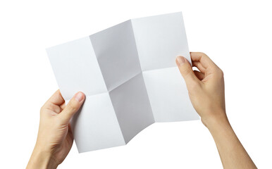 Hands holding a folded sheet of white A4 paper, cut out