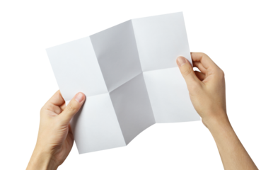 Hands holding a folded sheet of white A4 paper, cut out
