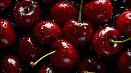 Overhead Shot of red Cherries with visible Water Drops. Close up.
