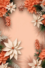 Fir tree twigs and poinsettia flowers edges on simple background with copy space. Generative ai