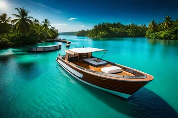 Naklejka na ściany i meble beautiful maldives with river, cottages and near the forest with crystal like fresh water Generative Ai technology