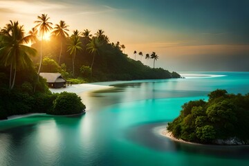 Fototapeta na wymiar beautiful maldives with river, cottages and near the forest with crystal like fresh water Generative Ai technology