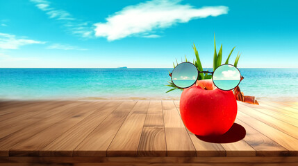Tropical summer concept with red apples on a wooden table against a sea beach background. Holiday...