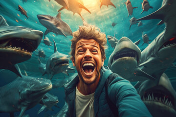 A young man happily laughing and diving underwater in the sea with sharks around Generative AI Illustration