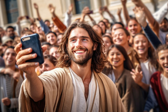 A young man dressed in Jesus Christ clothes taking a selfie with the crowd behind Generative AI Illustration