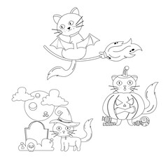 Hand drawn outline character Halloween cat. Cat in different poses