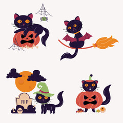 Hand drawn character Halloween cat. Cat in different poses