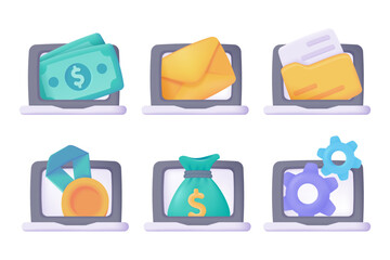 Money and documents jumping out of the computer business administration concept 3d vector illustration