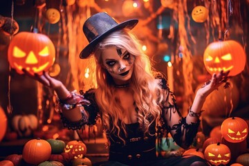 Fototapeta premium Beautiful woman with scary makeup for a Halloween - themed party. Generative AI