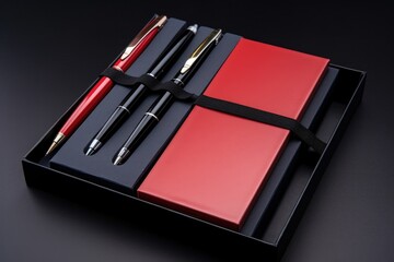 pack of pens, pencils and notebooks in sleek gift box, created with generative ai