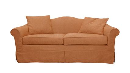 Orange sofa with two pillows isolated on white, transparent background, PNG. Classic english style two seater cushion couch with upholstery cover, front view