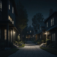Small Neighborhood Alley With Classic Houses, Green Gardens and Trees, Warm Lights, Night scene Generative Ai