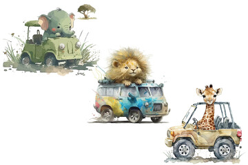 Safari Animal set elephant, giraffe and lion in a jeep in watercolor style. Isolated vector illustration - obrazy, fototapety, plakaty