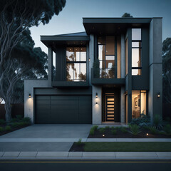 Stylish Modern Australian Concrete House, Futuristic look, Large Glass Windows, Alley, Green Yard, Generative AI
