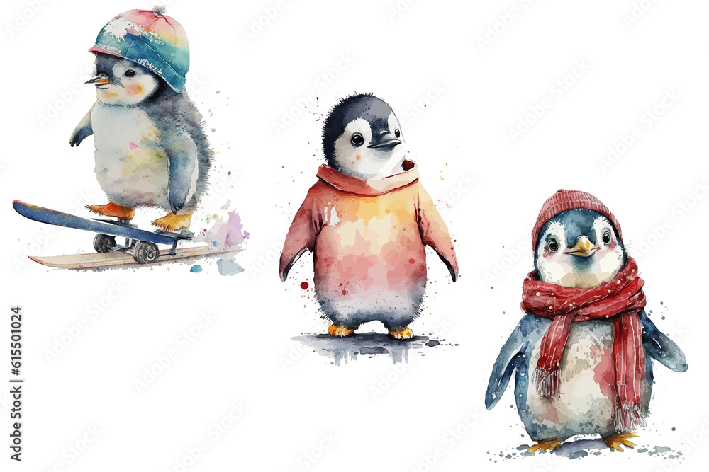 Sticker Safari Animal set a penguin in a red scarf, on skis and in a hat, in a red sweater in watercolor style. Isolated vector illustration