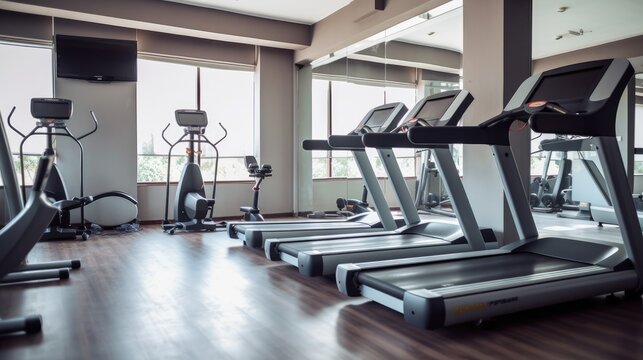 Sports equipment in fitness gym. Generative AI