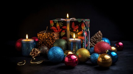Obraz na płótnie Canvas Christmas gifts, Christmas tree, candles, colored decor, stars, balls on black background, Christmas Holiday. Xmas party ornament decor background. AI Generative