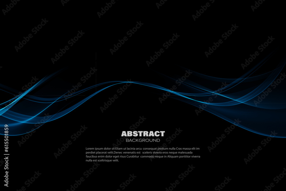 Poster abstract wave background. shiny wave of blue color on a black background.