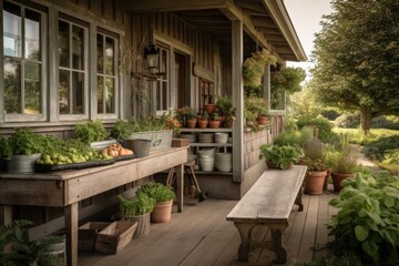 Fototapeta na wymiar organic farmhouse with rustic furniture, fresh herbs and vegetables growing on the porch, created with generative ai