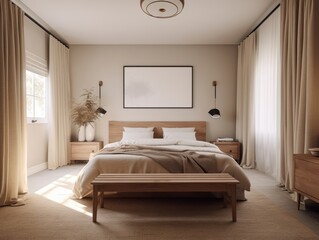 Bright beige wooden bedroom, minimal modern style. Generative AI