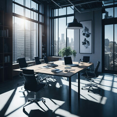 Modern Office Working Place, Large Windows With View, Conference room with Table and Chairs, Charts on Board, Hanging on wall, Clean Style, Sunlight, Generative Ai