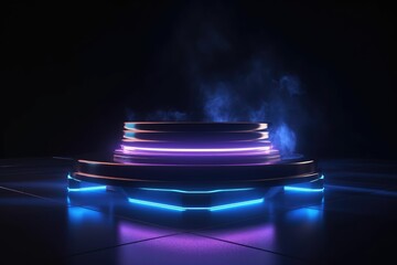 Fototapeta na wymiar Futuristic Neon Platform with Mysterious Smoke generative AI