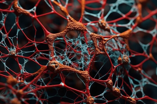 Generative AI illustration abstract chaotic plexus forms and structures with colorful dots and orange red and bue lines
