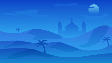 Fototapeta na wymiar Islamic landscape vector illustration. Mosque landscape with mountain hill and shiny sky. Background landscape for islam religion and muslim faith. Wallpaper of design mountain with mosque silhouette