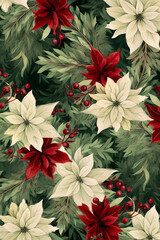 Fir tree twigs and poinsettia flowers edges on simple background with copy space. Generative ai