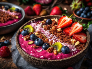 Generative AI illustration of delicious sweet dessert consisting of blueberries strawberries kiwi yogurt and nuts served in bowl